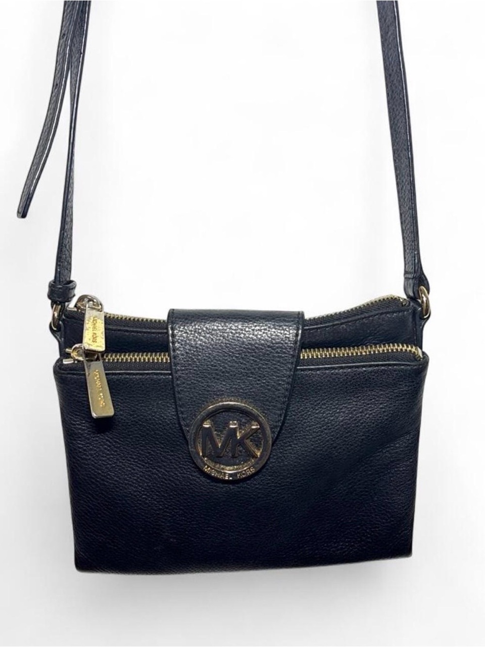 Michael Kors Black Pebbled Leather MK Logo Crossbody